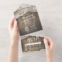 Invitación Todo En Uno Rustic Wood Love Rope Burlap Lace Wedding RSVP