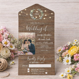 Invitación Todo En Uno Rustic wood photo string lights country Wedding