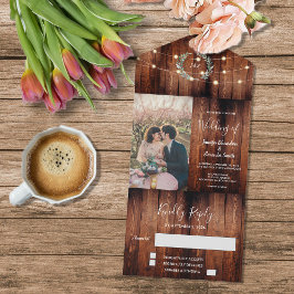 Invitación Todo En Uno Rustic wood photo string lights country Wedding