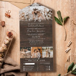 Invitación Todo En Uno Rustic Wood Photo String Lights Wedding RSVP<br><div class="desc">Esta moderna y elegante invitación a la boda y el paquete de postales rsvp es perfecto para la pareja contemporánea. Cuenta con un fondo rústico, rústico y meridionales de madera marrón, luces de cuerda brillantes y tipografía de escritura a mano. También incluye cuatro fotos de la hermosa pareja. Es sencillo,...</div>