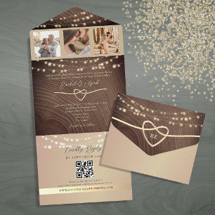 Invitación Todo En Uno Rustic Wood String Lights Boda QR Code