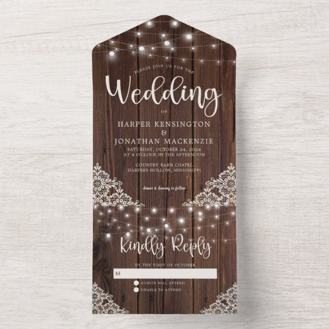 Invitación Todo En Uno Rustic Wood String Lights Lace Boda (Interior)
