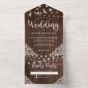 Invitación Todo En Uno Rustic Wood String Lights Lace Boda