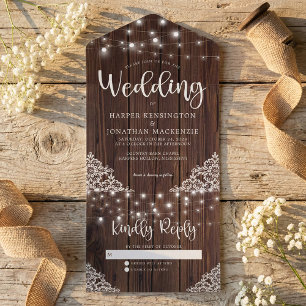 Invitación Todo En Uno Rustic Wood String Lights Lace Boda