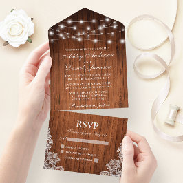 Invitación Todo En Uno Rustic Wood String Lights Lace Boda
