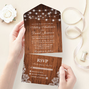 Invitación Todo En Uno Rustic Wood String Lights Lace Boda