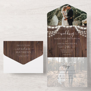 Invitación Todo En Uno Rustic Wood String Lights Photo RSVP Boda