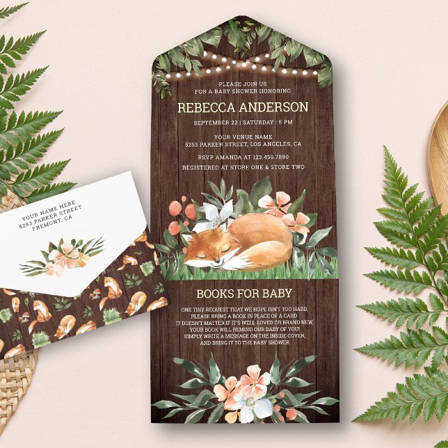 Invitación Todo En Uno Rustic Wood Woodland Sleeping Fox Baby Shower (Subido por el creador)