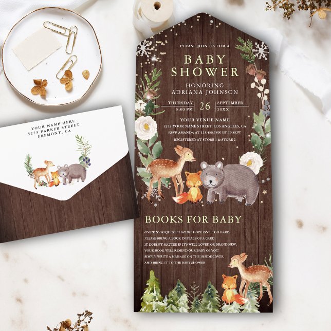 Invitación Todo En Uno Rustic Woodland Forest Animals Wood Baby Shower (Subido por el creador)