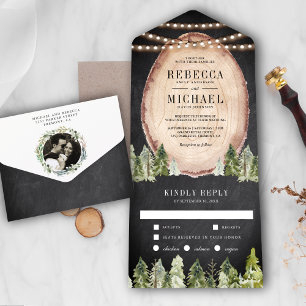 Invitación Todo En Uno Rustic Woodland Pine Forest Wood Slice Wedding