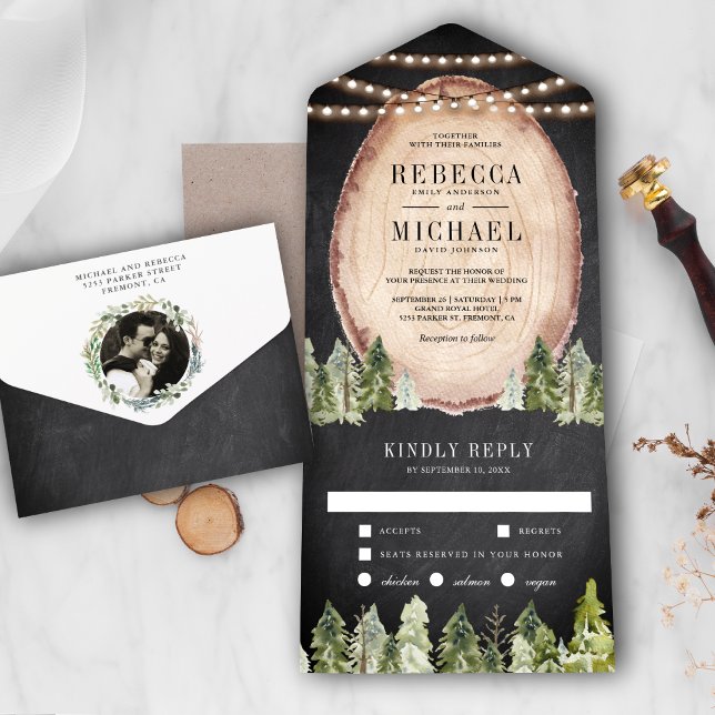 Invitación Todo En Uno Rustic Woodland Pine Forest Wood Slice Wedding (Subido por el creador)