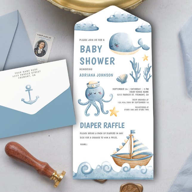 Invitación Todo En Uno Rústica acuarela Cute barco Náutico Baby Shower (Subido por el creador)