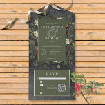 Invitación Todo En Uno Rústica Berries de invierno y código QR negro de p<br><div class="desc">DISPONIBLE CON O SIN CÓDIGO QR O OPCIONES DE SELECCIÓN DE CENAS. Presentamos nuestra encantadora invitación a bodas de invierno, donde la elegancia atemporal se une a la belleza de la temporada. El fondo negro del carbón vegetal, artísticamente angustiado con acentos blancos suaves, le da un tono cautivador a su...</div>