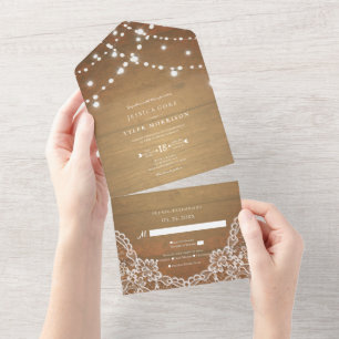 Invitación Todo En Uno Rústica Cadena De Madera Ilumina Lace Blanco