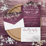 Invitación Todo En Uno Rústica Cadena De Madera Roja Enciende Boda Floral<br><div class="desc">Todo en una invitación a la boda con luces de cuerda de bonito, guirnaldas florales hechas a mano y tipografía de moda sobre un fondo rústico de paneles de madera roja borgoña. La invitación incluye una tarjeta RSVP perforada que puede ser dirigida individualmente o dejada en blanco para que pueda...</div>