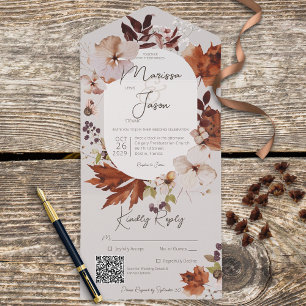 Invitación Todo En Uno Rústica caída Neutral Wreath Gray QR Código
