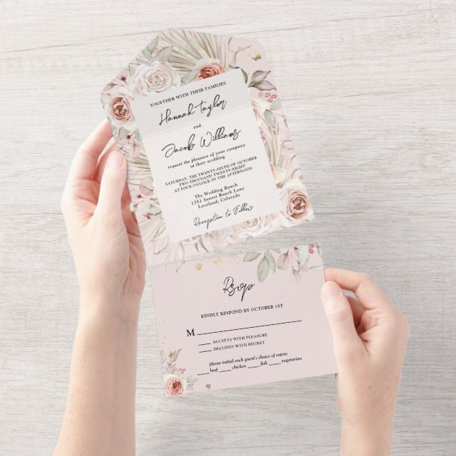 Invitación Todo En Uno Rústica del boho floral rosa con Boda RSVP (desgarro)