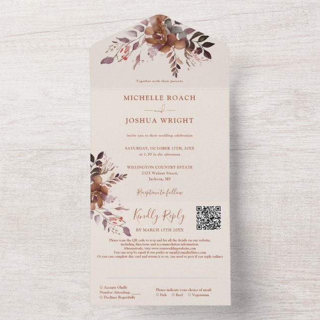 Invitación Todo En Uno Rústica Floral Código QR Boda otoño otoño otoño ot (Interior)