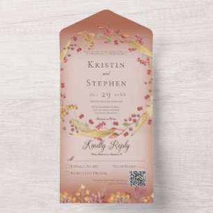 Invitación Todo En Uno Rústica hoja de otoño y código QR de la corteza de