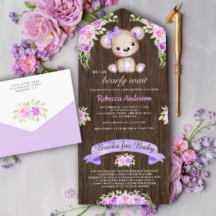 Invitación Todo En Uno Rústica Madera Morado Floral Teddy Bear Baby Showe