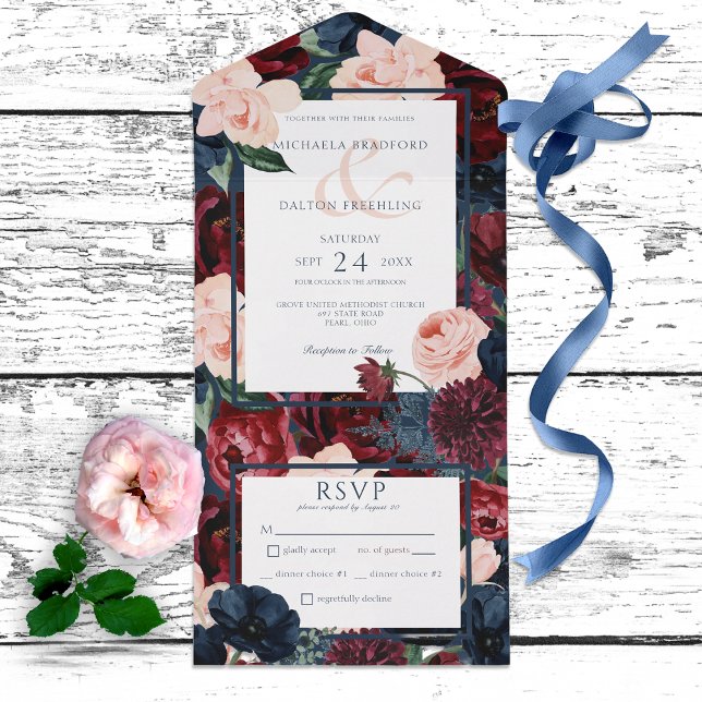 Invitación Todo En Uno Rústica Navy Blue Peach & Burgundy Floral Dinner (Subido por el creador)