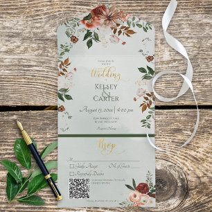 Invitación Todo En Uno Rústica Rust & Sage Green Floral QR Code