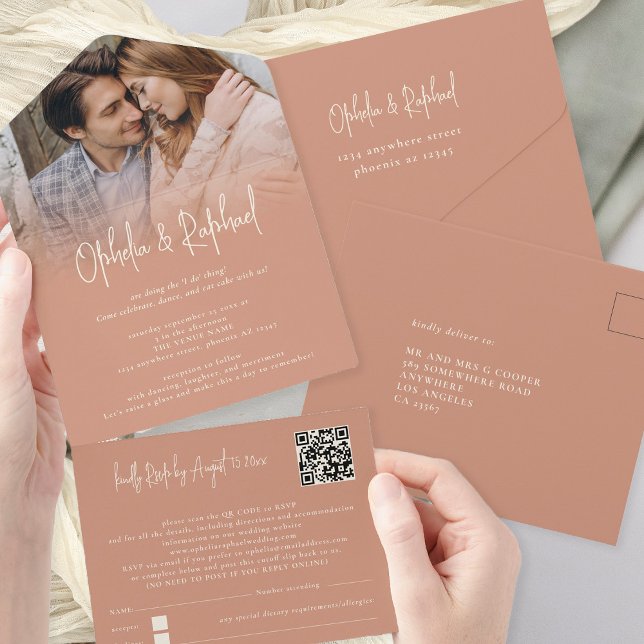 Invitación Todo En Uno Rústica superposición de foto Código QR Boda de Te (All in One Invitation and RSVP with optional recipient name and address)