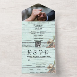 Invitación Todo En Uno Rústica Turquesa Foto Occidental Código QR Todo En