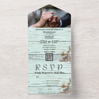 Invitación Todo En Uno Rústica Turquesa Foto Occidental Código QR Todo En