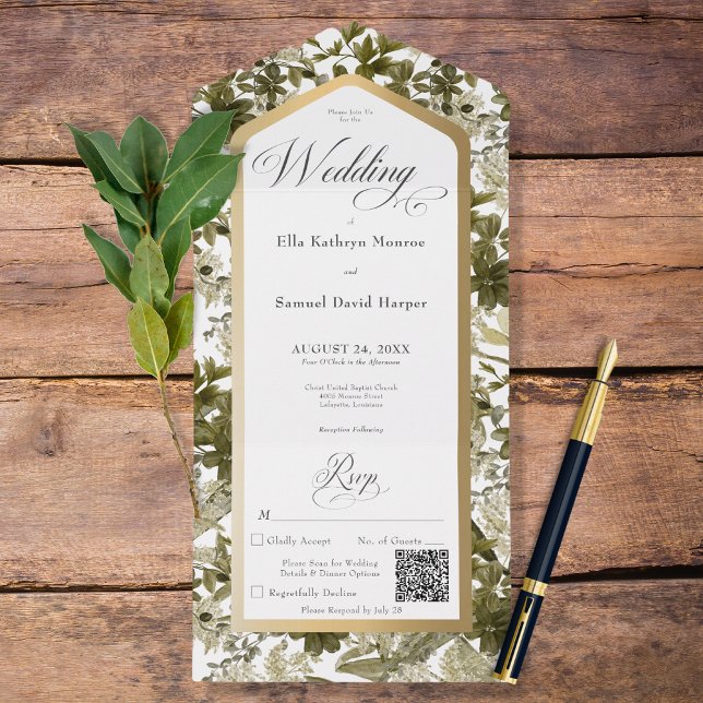 Invitación Todo En Uno Rústica vegetación Marco dorado botánico Código QR (Subido por el creador)