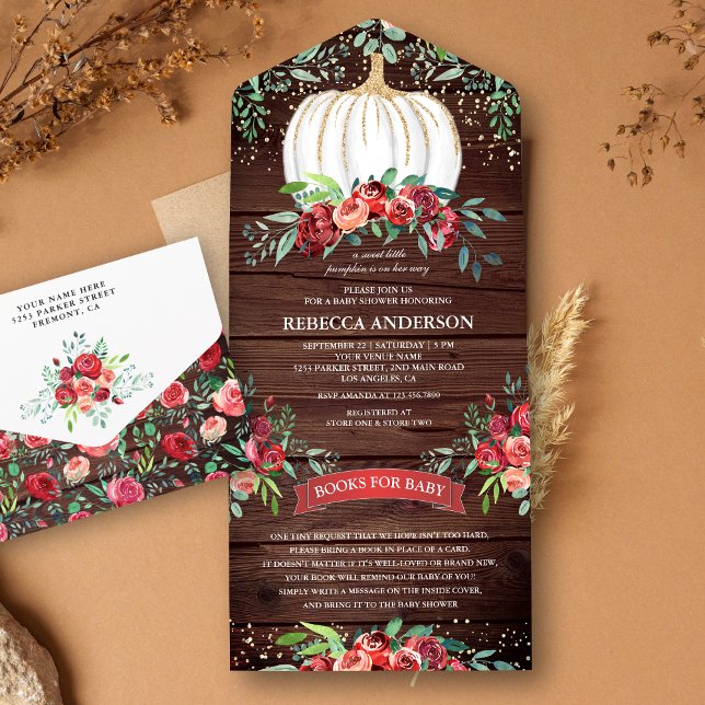 Invitación Todo En Uno Rústica Wood Burgundy Floral Pumpkin Baby Shower (Subido por el creador)
