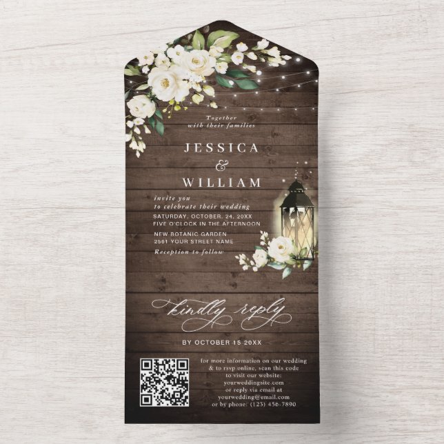 Invitación Todo En Uno Rústica Wood Rosas Blancas Boda código QR (Interior)