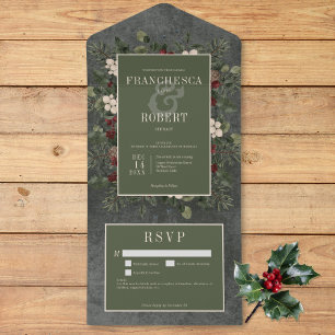 Invitación Todo En Uno Rústicas Berries de invierno y detalles de pino ne