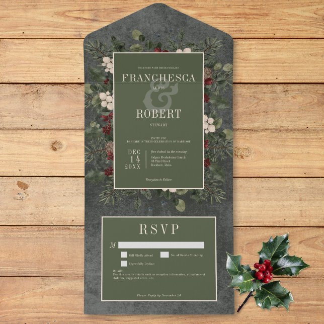 Invitación Todo En Uno Rústicas Berries de invierno y detalles de pino ne (Rustic Winter Berries & Pine Black Details All In One Invitation)