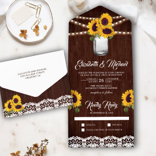 Invitación Todo En Uno Rústico Barn Wood Lace Sunflowers Mason Jar Boda