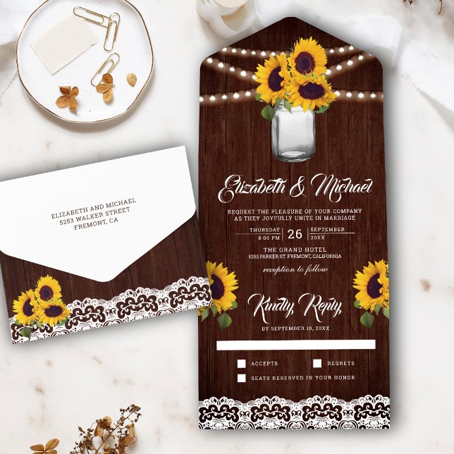 Invitación Todo En Uno Rústico Barn Wood Lace Sunflowers Mason Jar Boda (Subido por el creador)