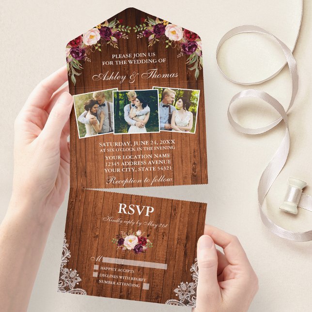 Invitación Todo En Uno Rústico Boda Borgoña Floral Lace 3 Foto (All In One Wedding Invitation with tear off RSVP Card)