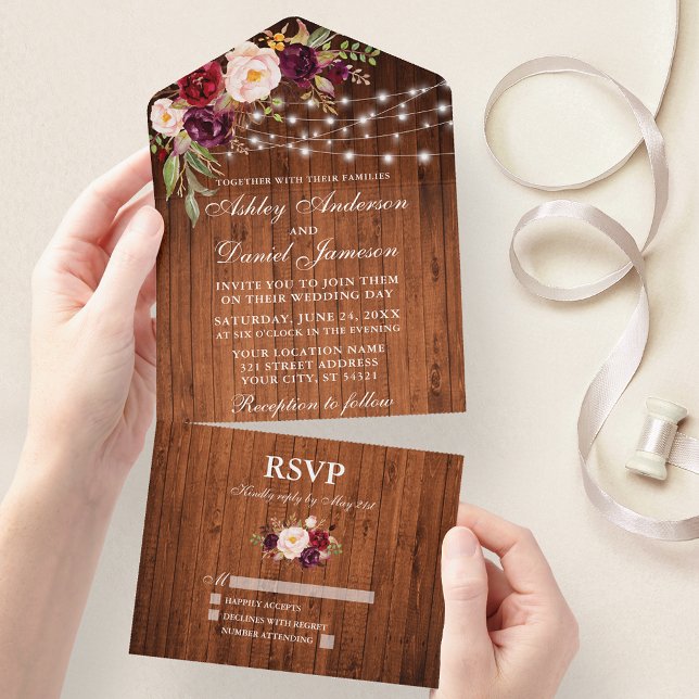 Invitación Todo En Uno Rústico Boda Borgoña Floral Madera Leña (All In One Wedding Invitation with tear off RSVP Card)