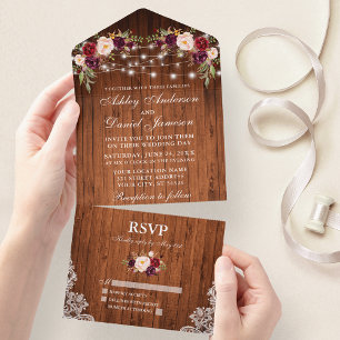 Invitación Todo En Uno Rústico Boda Borgoña Floral Madera Luces de encaje