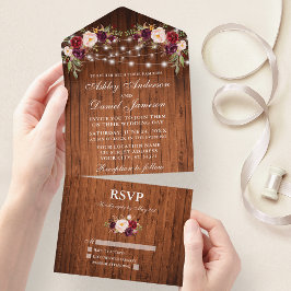 Invitación Todo En Uno Rústico Boda Burgundy Floral Luces de Madera