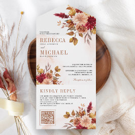 Invitación Todo En Uno Rústico Boda de código QR de Terracota Floral de B