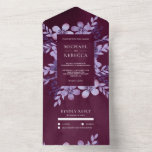Invitación Todo En Uno Rústico Boda de platillos con flores púrpura<br><div class="desc">Sorprenda a sus invitados con esta elegante invitación de boda con hermosas flores y hojas con una tarjeta postal RSVP desmontable. Simplemente agregue los detalles de su evento en esta plantilla fácil de usar para convertirla en una invitación única.</div>