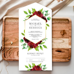 Invitación Todo En Uno Rústico Boda de Verdor de Oro Floral de Borgoña