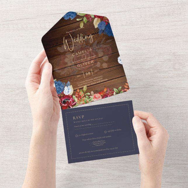 Invitación Todo En Uno Rústico Boda floral azul borgoñés (desgarro)
