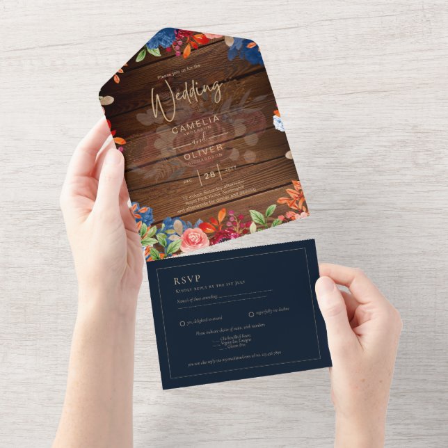 Invitación Todo En Uno Rústico Boda floral azul borgoñés (desgarro)