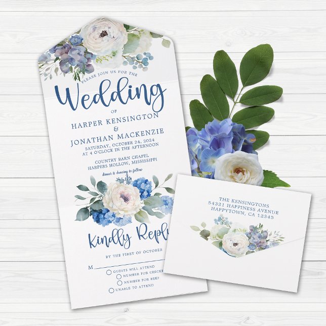 Invitación Todo En Uno Rústico Boda floral azul elegante (Subido por el creador)
