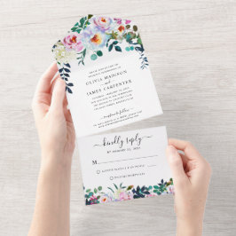 Invitación Todo En Uno Rústico Boda floral azul rosado del Boho Rubor