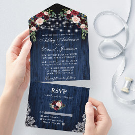 Invitación Todo En Uno Rústico Boda Floral Blue Wood Luces Lace