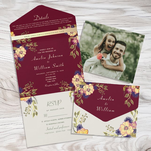 Invitación Todo En Uno Rústico Boda floral de Borgoña (Subido por el creador)
