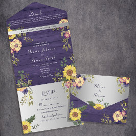 Invitación Todo En Uno Rústico Boda floral púrpura de Woodland